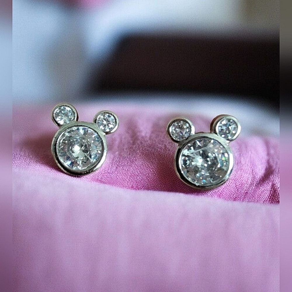 Mickey Mouse Silver Tone & Cubic Zirconia Earrings Unsigned